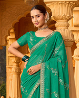 Teal Green Designer Fancy Chiffon Saree With Zari-Embroidery-Diamond Work And Cut Work Border