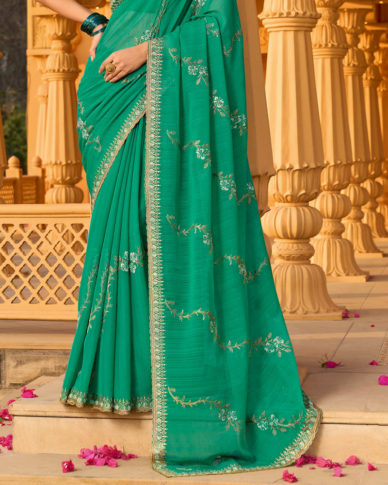 Teal Green Designer Fancy Chiffon Saree With Zari-Embroidery-Diamond Work And Cut Work Border