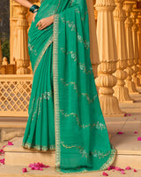 Teal Green Designer Fancy Chiffon Saree With Zari-Embroidery-Diamond Work And Cut Work Border