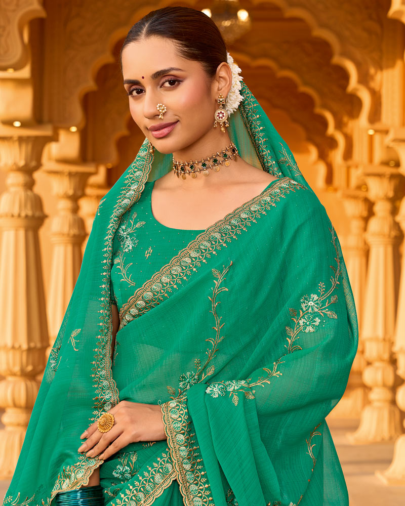 Teal Green Designer Fancy Chiffon Saree With Zari-Embroidery-Diamond Work And Cut Work Border