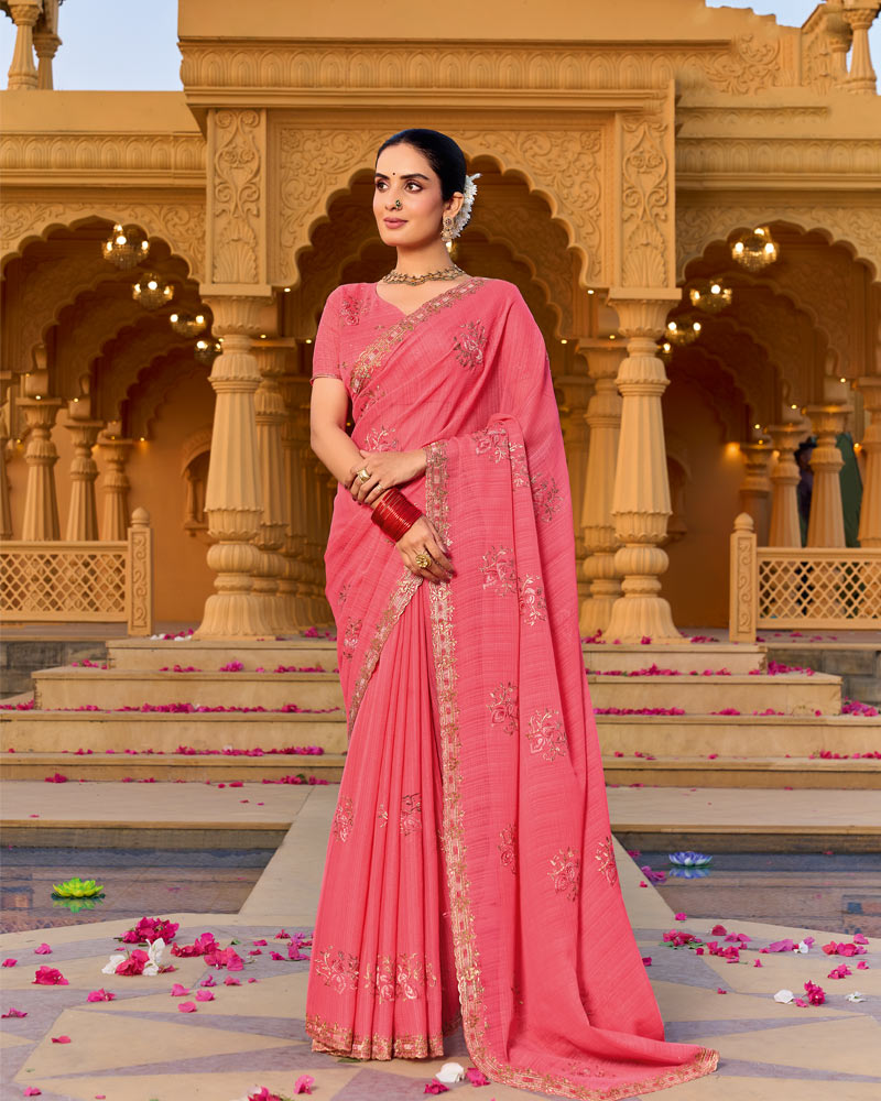 Flamingo Pink Designer Fancy Chiffon Saree With Zari-Embroidery-Diamond Work And Cut Work Border
