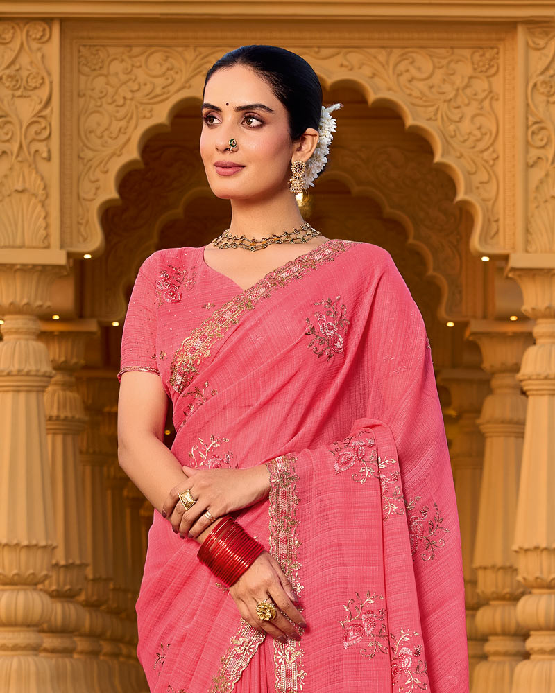 Flamingo Pink Designer Fancy Chiffon Saree With Zari-Embroidery-Diamond Work And Cut Work Border