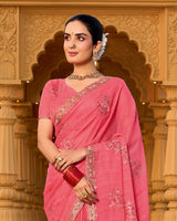 Flamingo Pink Designer Fancy Chiffon Saree With Zari-Embroidery-Diamond Work And Cut Work Border