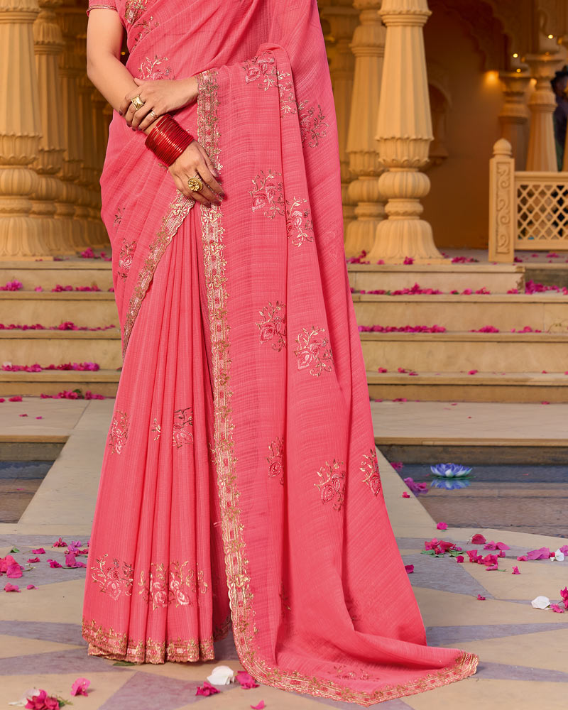 Flamingo Pink Designer Fancy Chiffon Saree With Zari-Embroidery-Diamond Work And Cut Work Border