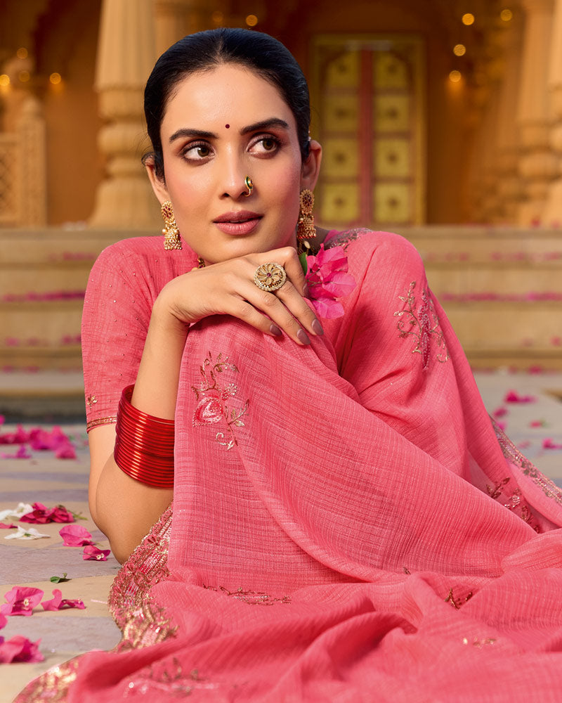 Flamingo Pink Designer Fancy Chiffon Saree With Zari-Embroidery-Diamond Work And Cut Work Border
