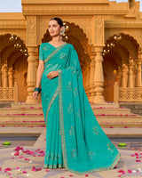 Ice Blue Designer Fancy Chiffon Saree With Zari-Embroidery-Diamond Work And Cut Work Border