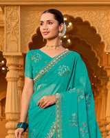 Ice Blue Designer Fancy Chiffon Saree With Zari-Embroidery-Diamond Work And Cut Work Border