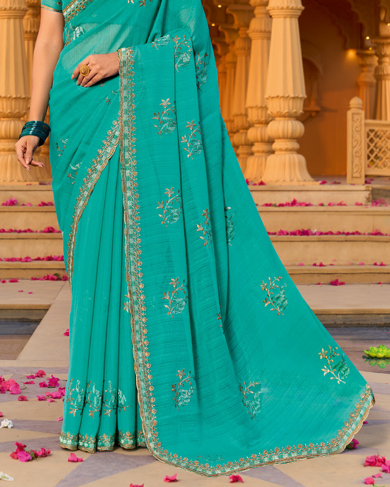 Ice Blue Designer Fancy Chiffon Saree With Zari-Embroidery-Diamond Work And Cut Work Border