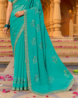 Ice Blue Designer Fancy Chiffon Saree With Zari-Embroidery-Diamond Work And Cut Work Border