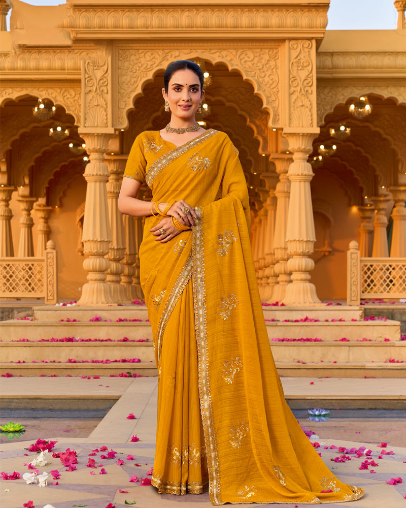 Pale Mustard Designer Fancy Chiffon Saree With Zari-Embroidery-Diamond Work And Cut Work Border