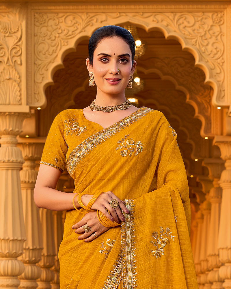 Pale Mustard Designer Fancy Chiffon Saree With Zari-Embroidery-Diamond Work And Cut Work Border