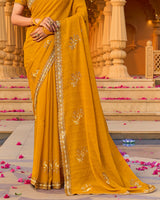 Pale Mustard Designer Fancy Chiffon Saree With Zari-Embroidery-Diamond Work And Cut Work Border