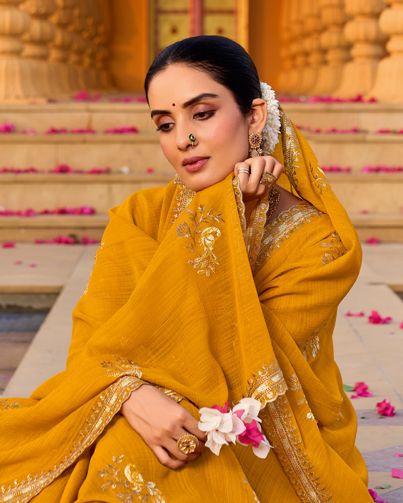 Pale Mustard Designer Fancy Chiffon Saree With Zari-Embroidery-Diamond Work And Cut Work Border