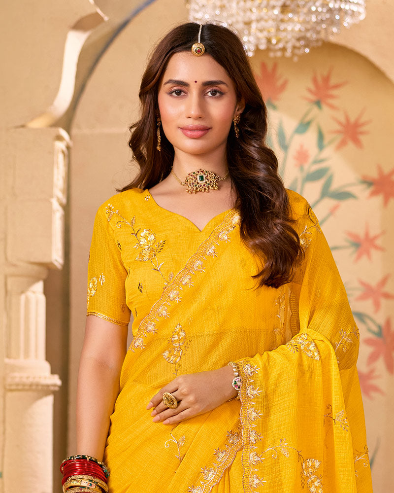 Bright Yellow Designer Chiffon Saree With Zari-Resham-Embroidery Work And Cut Work Embroidery Border
