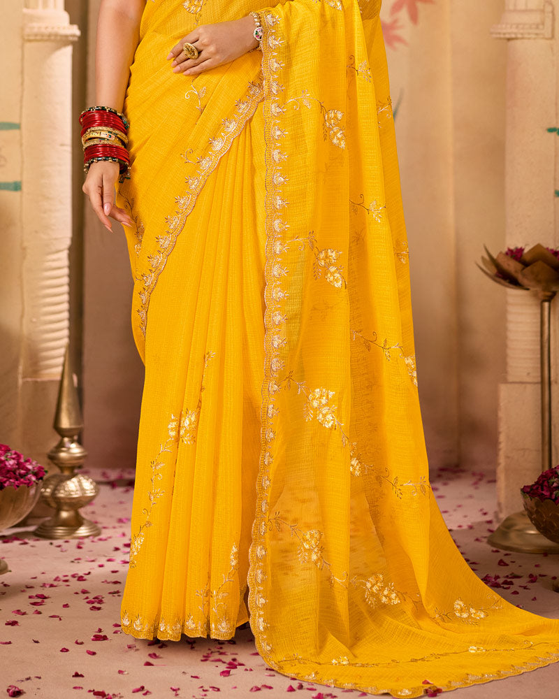 Bright Yellow Designer Chiffon Saree With Zari-Resham-Embroidery Work And Cut Work Embroidery Border