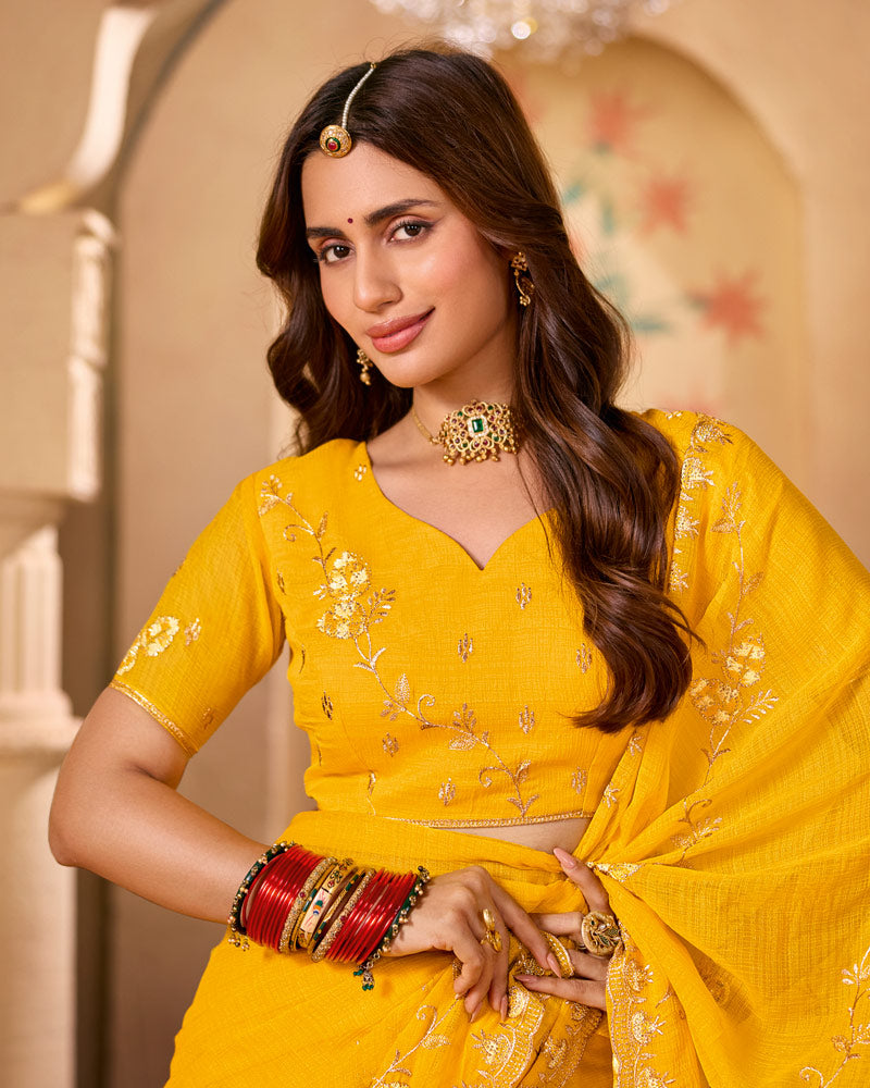 Bright Yellow Designer Chiffon Saree With Zari-Resham-Embroidery Work And Cut Work Embroidery Border