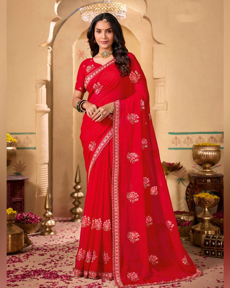 Sindoori Red Designer Chiffon Saree With Zari-Resham-Embroidery Work And Cut Work Embroidery Border