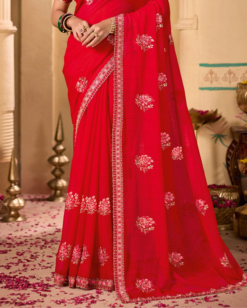 Sindoori Red Designer Chiffon Saree With Zari-Resham-Embroidery Work And Cut Work Embroidery Border