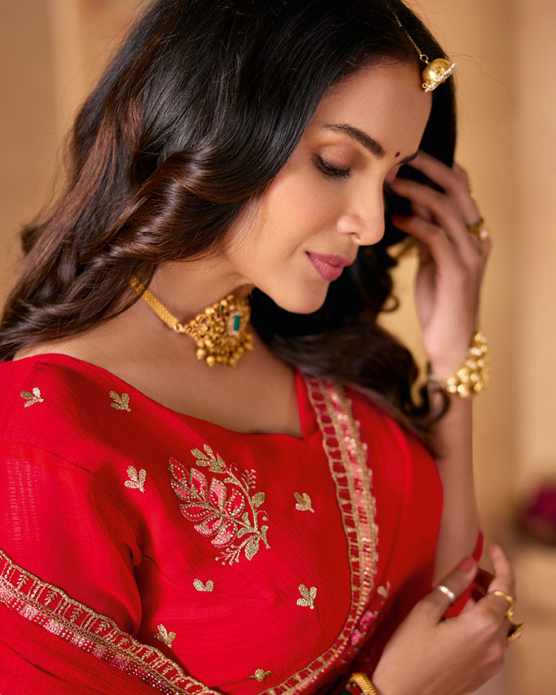 Sindoori Red Designer Chiffon Saree With Zari-Resham-Embroidery Work And Cut Work Embroidery Border