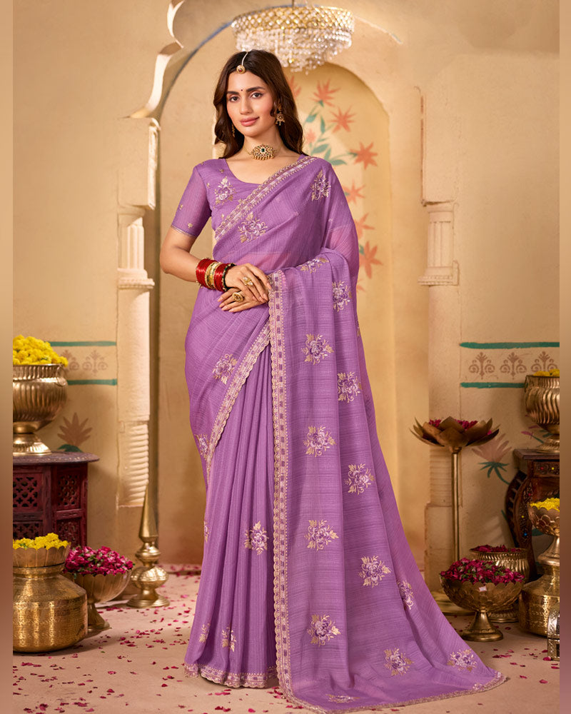 Mauve Designer Chiffon Saree With Zari-Resham-Embroidery Work And Cut Work Embroidery Border