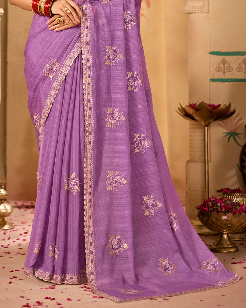 Mauve Designer Chiffon Saree With Zari-Resham-Embroidery Work And Cut Work Embroidery Border