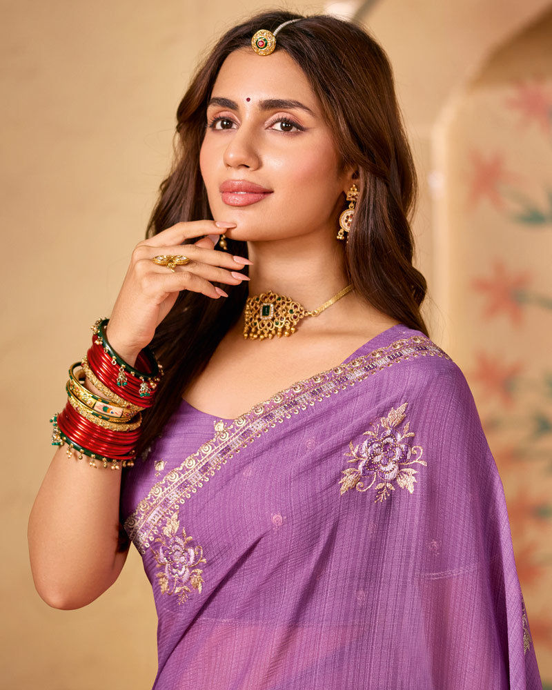 Mauve Designer Chiffon Saree With Zari-Resham-Embroidery Work And Cut Work Embroidery Border