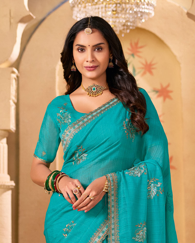 Bright Blue Designer Chiffon Saree With Zari-Resham-Embroidery Work And Cut Work Embroidery Border