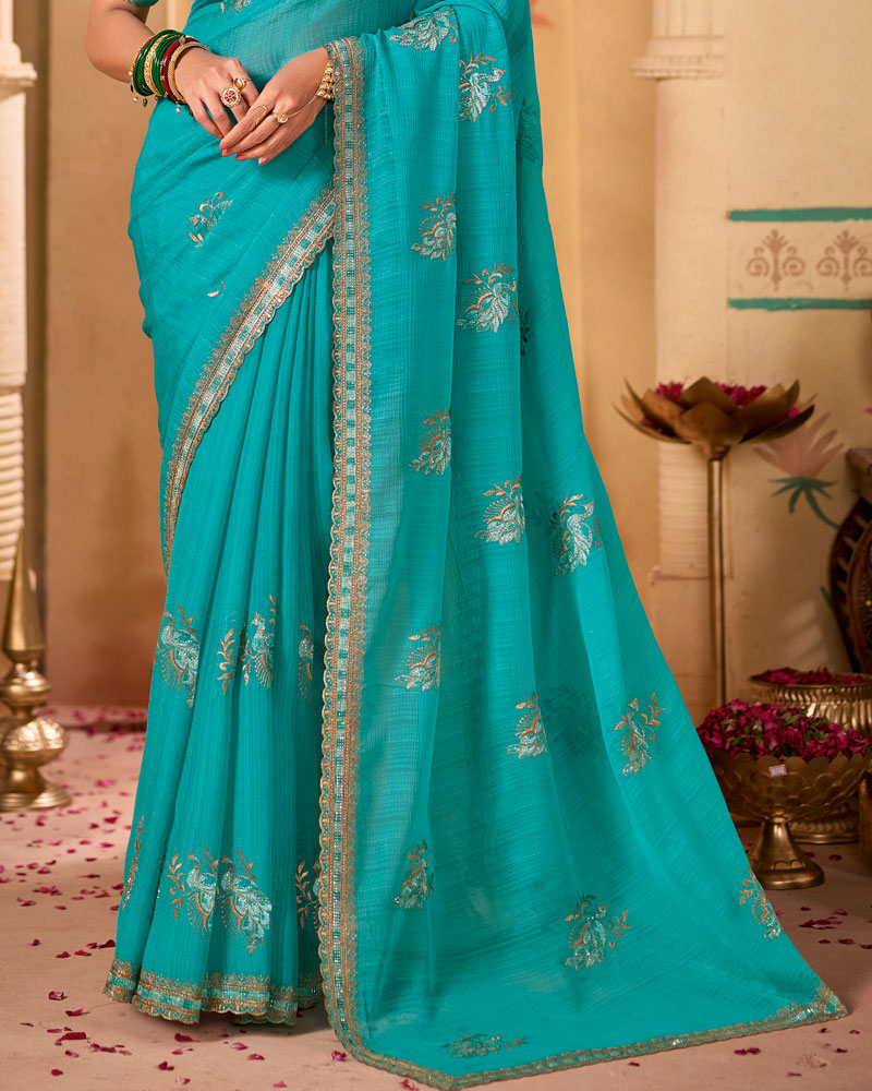 Bright Blue Designer Chiffon Saree With Zari-Resham-Embroidery Work And Cut Work Embroidery Border