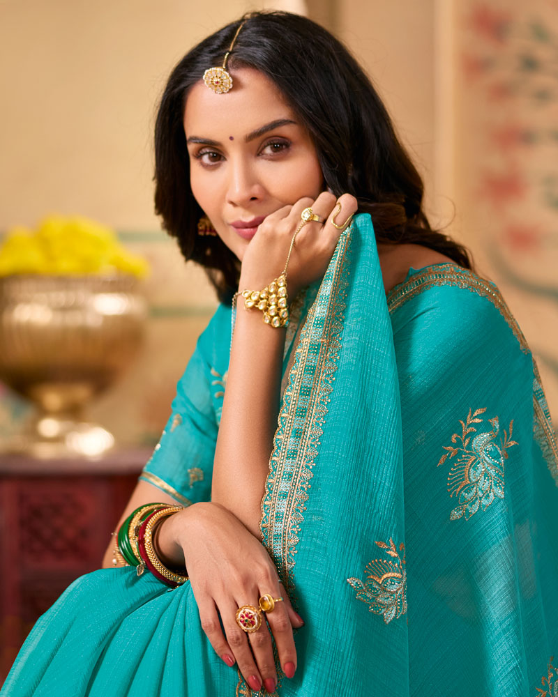 Bright Blue Designer Chiffon Saree With Zari-Resham-Embroidery Work And Cut Work Embroidery Border