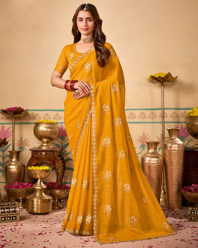 Mustard Designer Chiffon Saree With Zari-Resham-Embroidery Work And Cut Work Embroidery Border