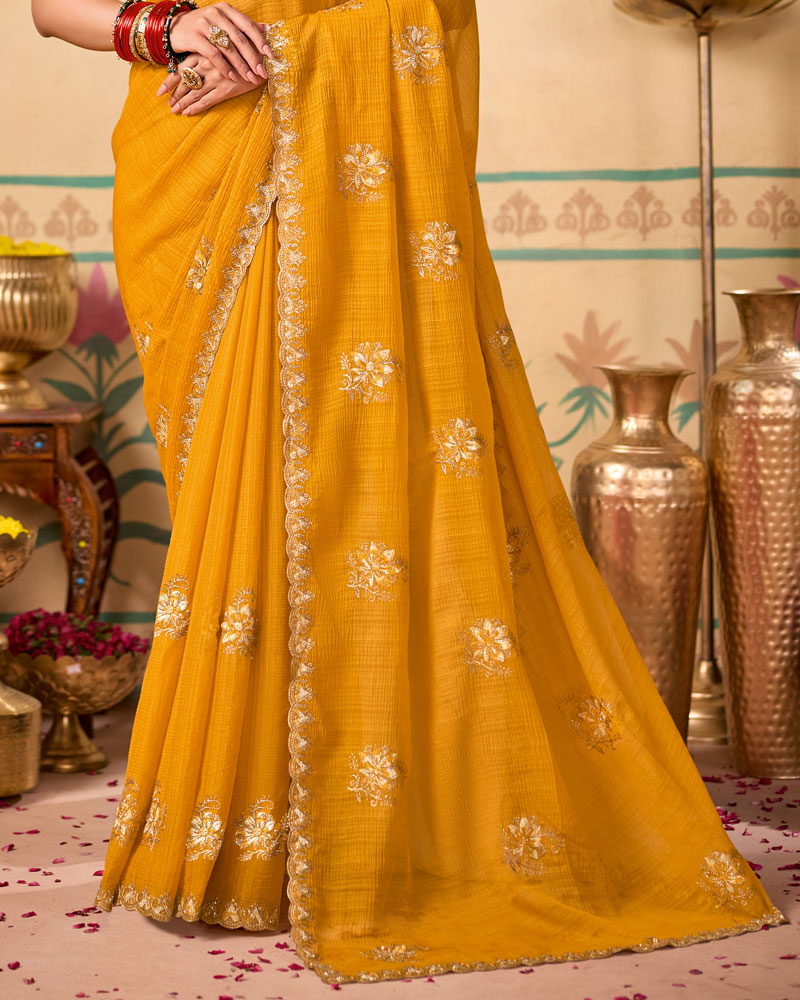 Mustard Designer Chiffon Saree With Zari-Resham-Embroidery Work And Cut Work Embroidery Border