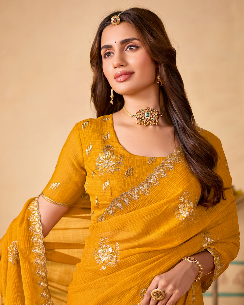 Mustard Designer Chiffon Saree With Zari-Resham-Embroidery Work And Cut Work Embroidery Border