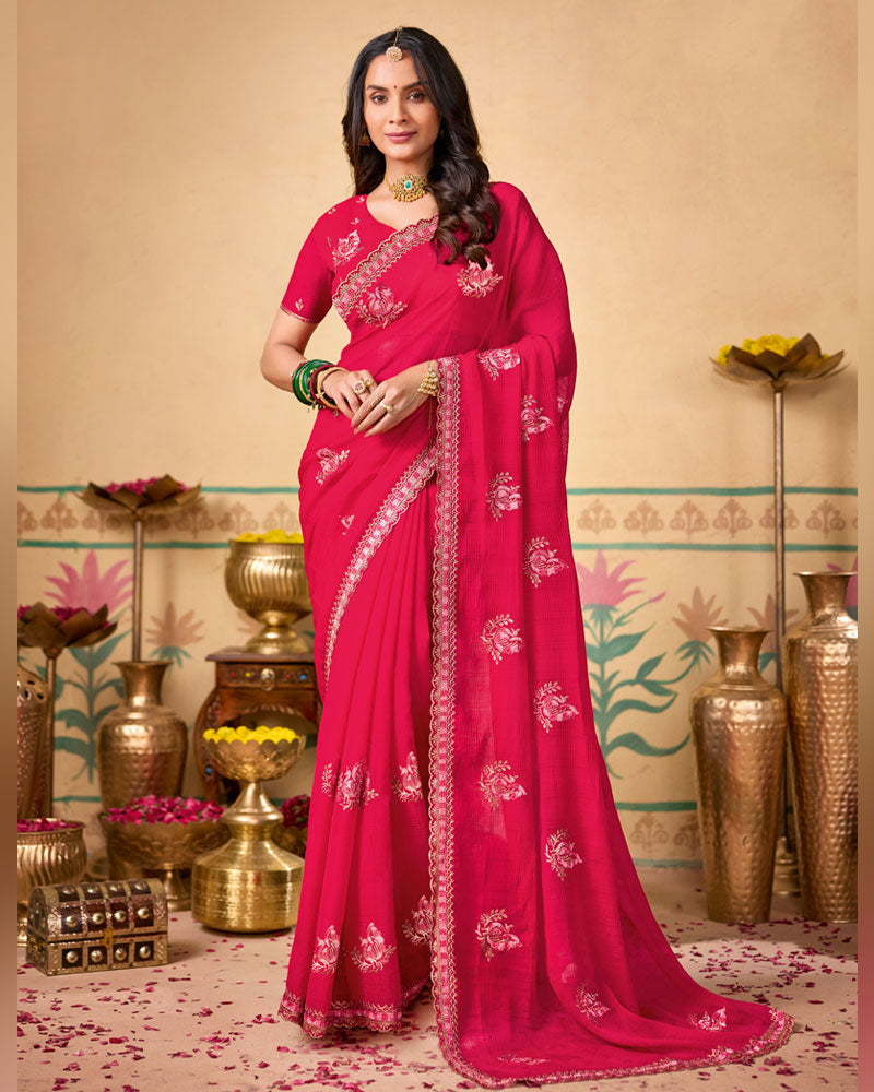 Deep Pink Designer Chiffon Saree With Zari-Resham-Embroidery Work And Cut Work Embroidery Border