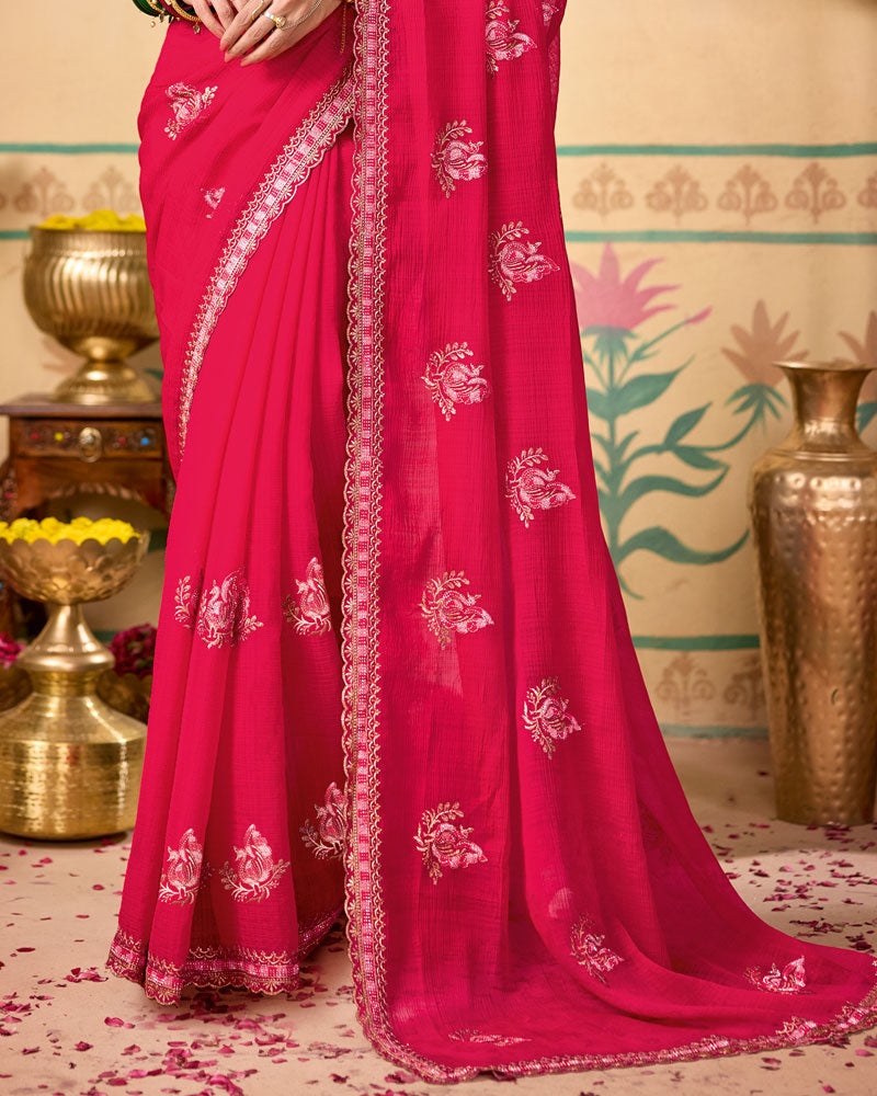 Deep Pink Designer Chiffon Saree With Zari-Resham-Embroidery Work And Cut Work Embroidery Border
