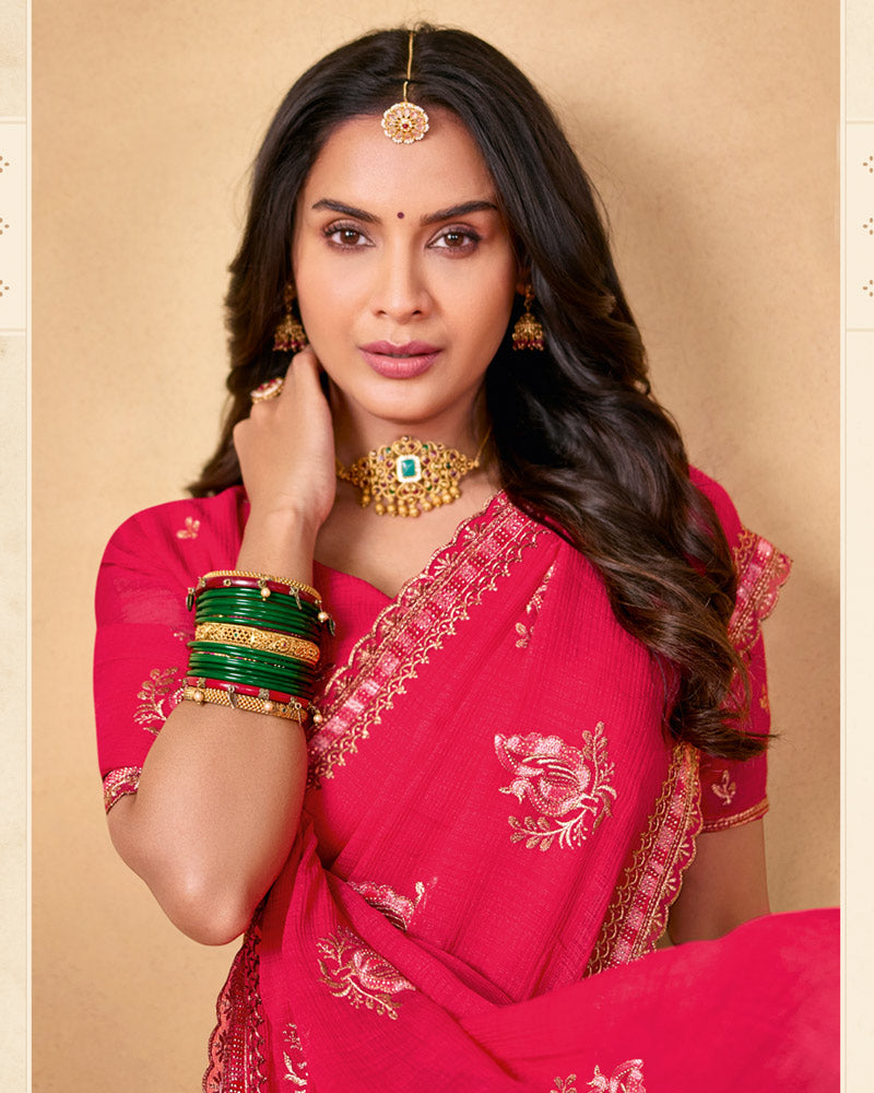 Deep Pink Designer Chiffon Saree With Zari-Resham-Embroidery Work And Cut Work Embroidery Border