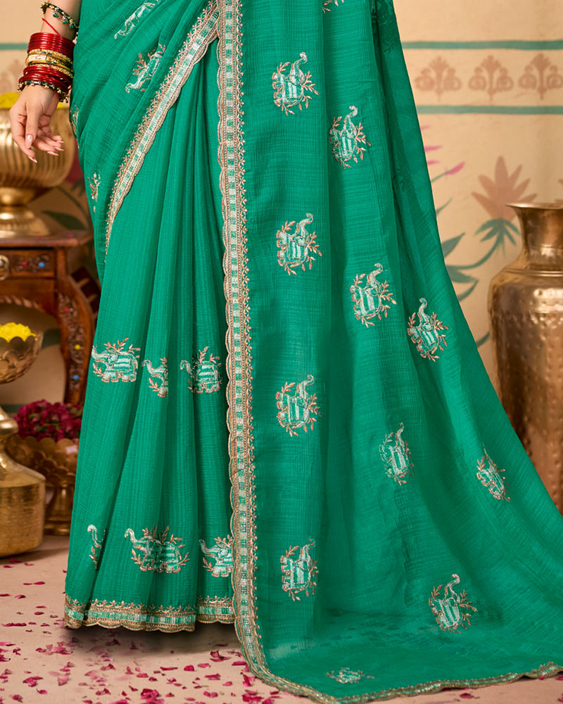 Teal Green Designer Chiffon Saree With Zari-Resham-Embroidery Work And Cut Work Embroidery Border