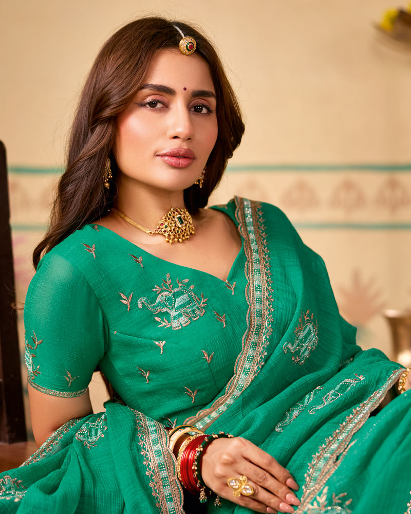 Teal Green Designer Chiffon Saree With Zari-Resham-Embroidery Work And Cut Work Embroidery Border