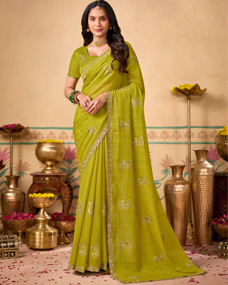 Pista Green Designer Chiffon Saree With Zari-Resham-Embroidery Work And Cut Work Embroidery Border