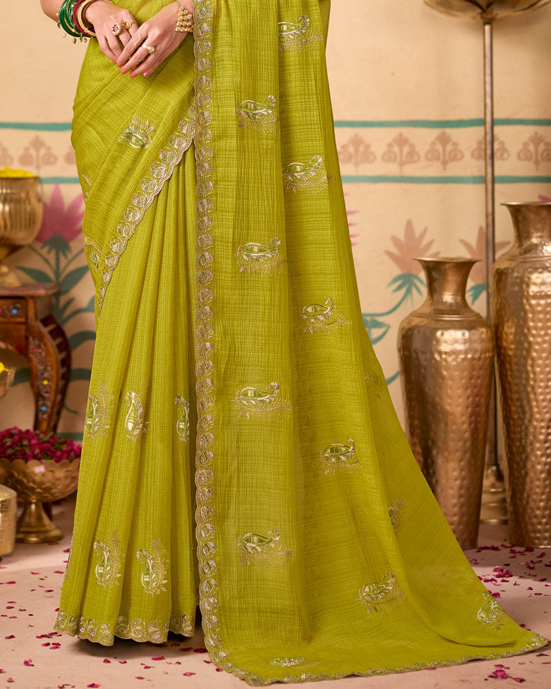 Pista Green Designer Chiffon Saree With Zari-Resham-Embroidery Work And Cut Work Embroidery Border