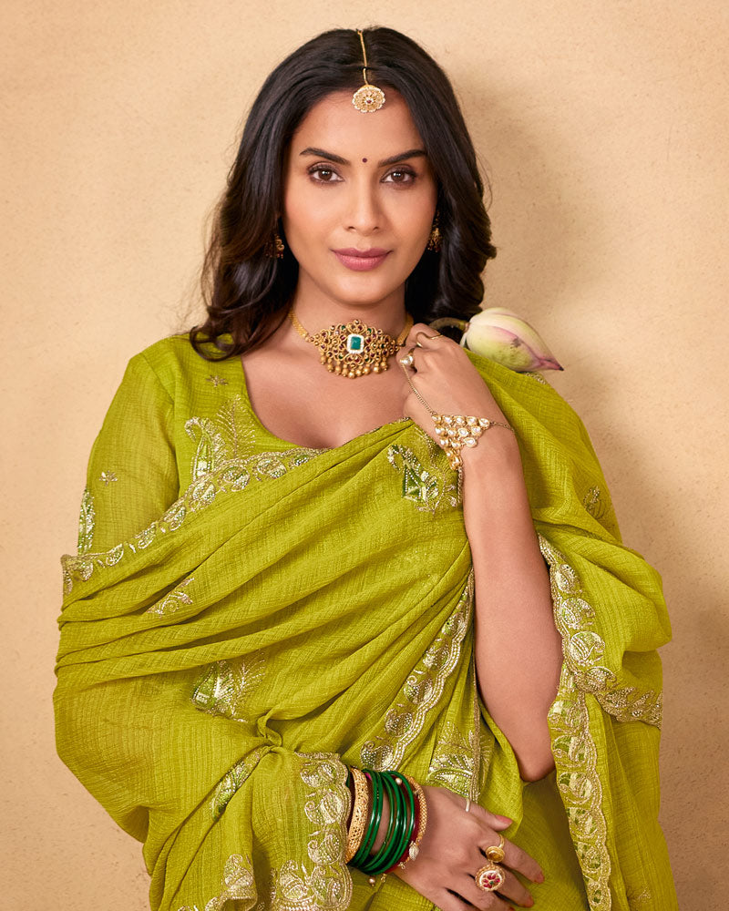 Pista Green Designer Chiffon Saree With Zari-Resham-Embroidery Work And Cut Work Embroidery Border