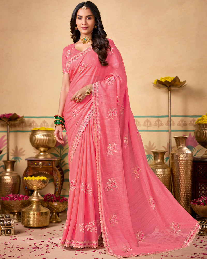 Fushia Pink Designer Chiffon Saree With Zari-Resham-Embroidery Work And Cut Work Embroidery Border