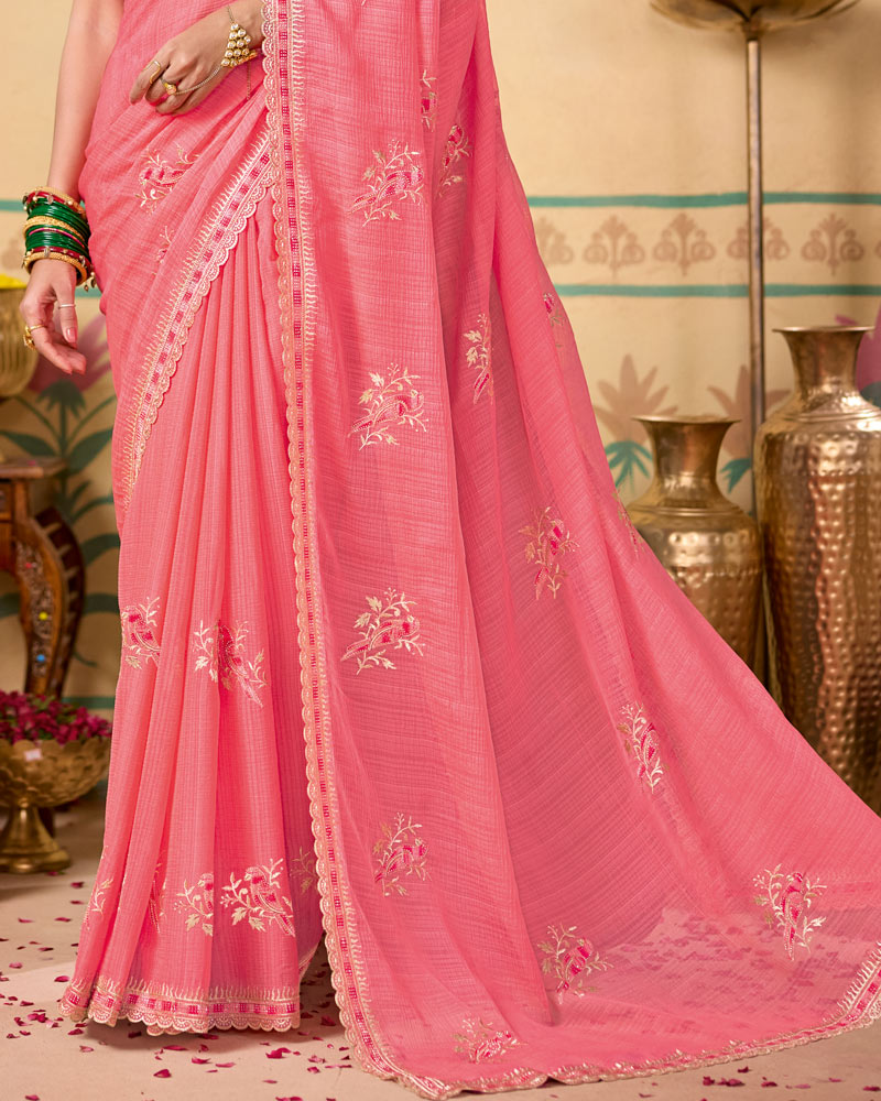 Fushia Pink Designer Chiffon Saree With Zari-Resham-Embroidery Work And Cut Work Embroidery Border