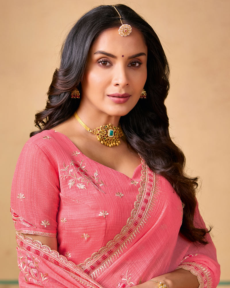 Fushia Pink Designer Chiffon Saree With Zari-Resham-Embroidery Work And Cut Work Embroidery Border