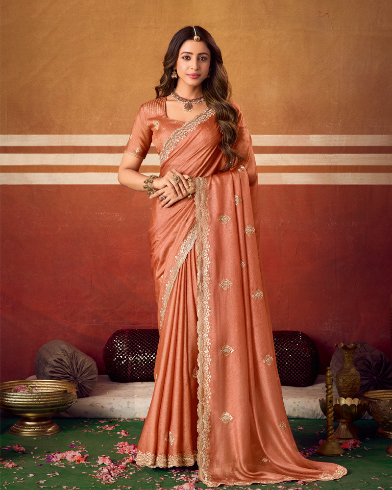 Light Chocolate Brown Designer Chiffon Saree With Zari-Embroidery-Diamond Work And Cut Work Fancy Border