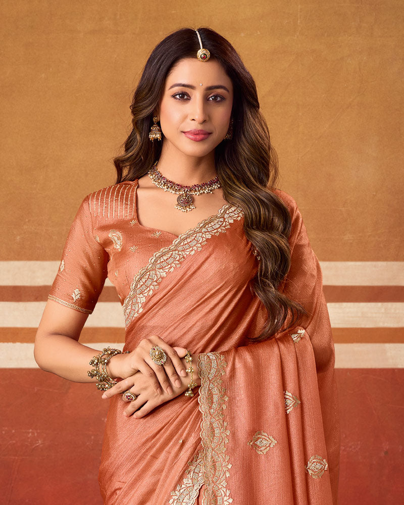 Light Chocolate Brown Designer Chiffon Saree With Zari-Embroidery-Diamond Work And Cut Work Fancy Border