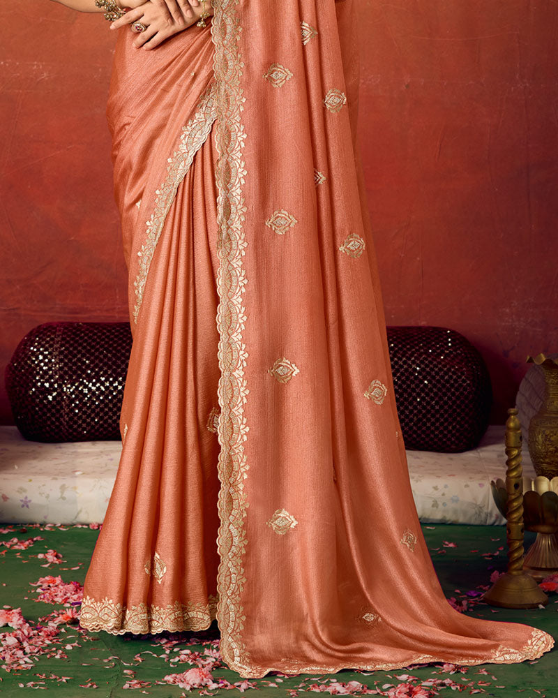 Light Chocolate Brown Designer Chiffon Saree With Zari-Embroidery-Diamond Work And Cut Work Fancy Border