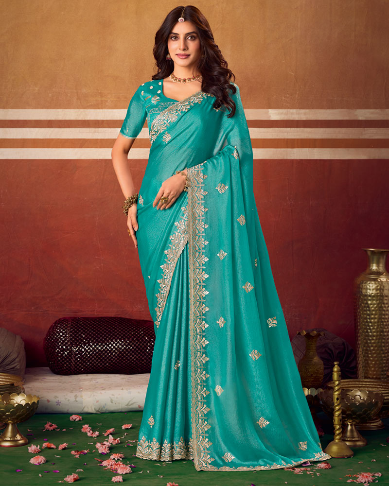 Deep Teal Blue Designer Chiffon Saree With Zari-Embroidery-Diamond Work And Cut Work Fancy Border