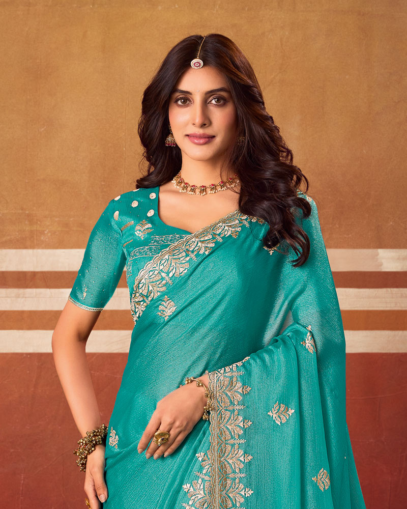 Deep Teal Blue Designer Chiffon Saree With Zari-Embroidery-Diamond Work And Cut Work Fancy Border