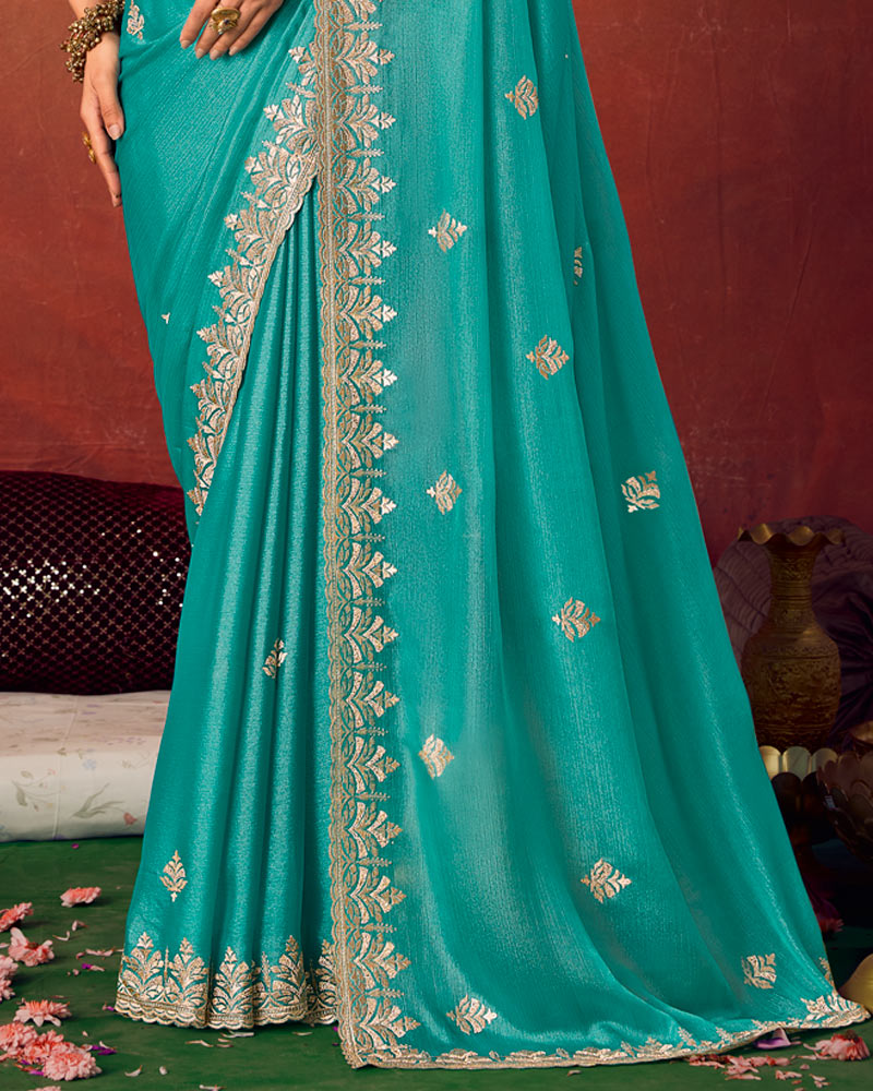 Deep Teal Blue Designer Chiffon Saree With Zari-Embroidery-Diamond Work And Cut Work Fancy Border