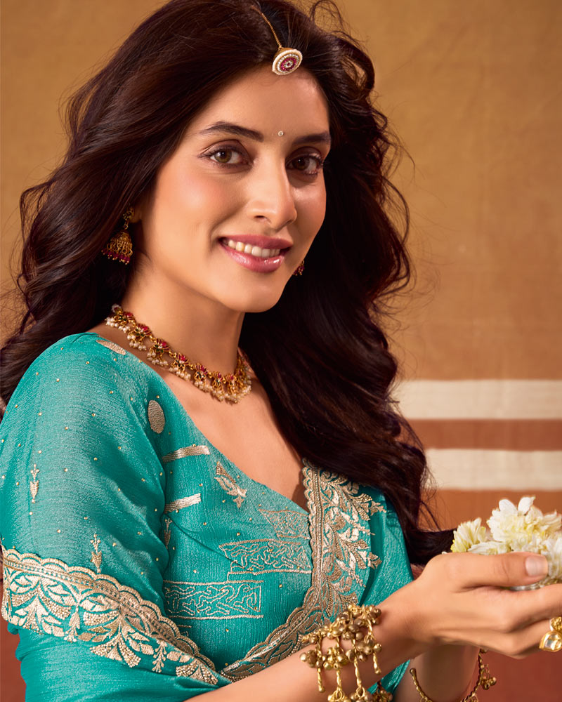 Deep Teal Blue Designer Chiffon Saree With Zari-Embroidery-Diamond Work And Cut Work Fancy Border